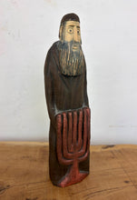 Load image into Gallery viewer, Vintage Hand-Carved Wooden Jewish Figurine with Menorah Sculpture – Traditional Folk Art Statue
