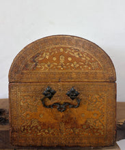 Load image into Gallery viewer, Antique 19th Century Spanish Leather Jewellery Trunk, Tooled Leather Dome Top Chest, Spain Storage Box, Ornate Brass Hardware Coffret

