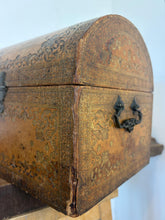 Load image into Gallery viewer, Antique 19th Century Spanish Leather Jewellery Trunk, Tooled Leather Dome Top Chest, Spain Storage Box, Ornate Brass Hardware Coffret

