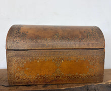 Load image into Gallery viewer, Antique 19th Century Spanish Leather Jewellery Trunk, Tooled Leather Dome Top Chest, Spain Storage Box, Ornate Brass Hardware Coffret

