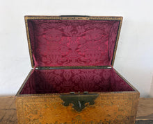 Load image into Gallery viewer, Antique 19th Century Spanish Leather Jewellery Trunk, Tooled Leather Dome Top Chest, Spain Storage Box, Ornate Brass Hardware Coffret
