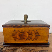 Load image into Gallery viewer, Vintage Art Deco Wooden Smoking &amp; Games Card Box – Dual Compartment Storage with Geometric Inlay
