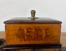 Load image into Gallery viewer, Vintage Art Deco Wooden Smoking &amp; Games Card Box – Dual Compartment Storage with Geometric Inlay
