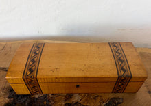 Load image into Gallery viewer, Crafted from stunning, warmly toned figured walnut, this rectangular casket features striking Tunbridge Ware-style geometric mosaic bands inlaid vertically across the domed lid and down the front. The rich, authentic grain contrasts beautifully with the dark, intricate parquetry borders, highlighting the era's skilled handcraftsmanship.

