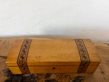 Load image into Gallery viewer, Crafted from stunning, warmly toned figured walnut, this rectangular casket features striking Tunbridge Ware-style geometric mosaic bands inlaid vertically across the domed lid and down the front. The rich, authentic grain contrasts beautifully with the dark, intricate parquetry borders, highlighting the era's skilled handcraftsmanship.
