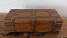 Load image into Gallery viewer, Antique 19th Century Military Campaign Box - Brass Strapped Hardwood Writing, Stationary, Jewelery, Keepsake Storage Trunk
