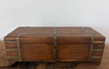 Load image into Gallery viewer, Antique 19th Century Military Campaign Box - Brass Strapped Hardwood Writing, Stationary, Jewelery, Keepsake Storage Trunk
