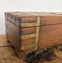 Load image into Gallery viewer, Antique 19th Century Military Campaign Box - Brass Strapped Hardwood Writing, Stationary, Jewelery, Keepsake Storage Trunk
