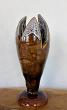 Load image into Gallery viewer, Vintage Mid-Century Modern Studio Pottery Tulip Lotus Bud Pedestal Vase - Earthen Brown &amp; White Glaze
