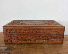 Load image into Gallery viewer, Vintage Hand-Carved Wooden Jewelry Box, Intricate Floral Trinket Box with Brass Leaf Inlay, Bohemian Keepsake Chest
