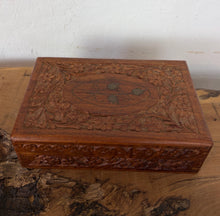 Load image into Gallery viewer, Vintage Hand-Carved Wooden Jewelry Box, Intricate Floral Trinket Box with Brass Leaf Inlay, Bohemian Keepsake Chest
