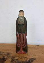 Load image into Gallery viewer, Vintage Hand-Carved Wooden Jewish Figurine with Menorah Sculpture – Traditional Folk Art Statue

