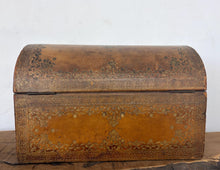 Load image into Gallery viewer, Antique 19th Century Spanish Leather Jewellery Trunk, Tooled Leather Dome Top Chest, Spain Storage Box, Ornate Brass Hardware Coffret

