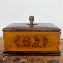 Load image into Gallery viewer, Vintage Art Deco Wooden Smoking &amp; Games Card Box – Dual Compartment Storage with Geometric Inlay
