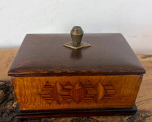 Load image into Gallery viewer, Removable Lid with Solid Brass Hardware, the box is fitted with a fully removable, beautifully polished dark wood lid. A distinctive, diamond-shaped brass finial serves as the handle, adding an elegant metallic contrast to the rich wood tones and highlighting the geometric principles central to Art Deco design.
