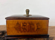 Load image into Gallery viewer, Vintage Art Deco Wooden Smoking &amp; Games Card Box – Dual Compartment Storage with Geometric Inlay
