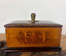Load image into Gallery viewer, Removable Lid with Solid Brass Hardware, the box is fitted with a fully removable, beautifully polished dark wood lid. A distinctive, diamond-shaped brass finial serves as the handle, adding an elegant metallic contrast to the rich wood tones and highlighting the geometric principles central to Art Deco design.
