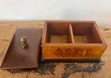 Load image into Gallery viewer, Removable Lid with Solid Brass Hardware, the box is fitted with a fully removable, beautifully polished dark wood lid. A distinctive, diamond-shaped brass finial serves as the handle, adding an elegant metallic contrast to the rich wood tones and highlighting the geometric principles central to Art Deco design.

