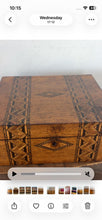 Load image into Gallery viewer, stunning example of late 19th-century Victorian craftsmanship. This antique writing slope features exceptional, intricate geometric inlay work highly characteristic of the celebrated Tunbridge Ware style.
