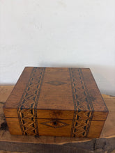 Load image into Gallery viewer, Antique Victorian Tunbridge Ware Writing Slope – 19th Century Inlaid Wooden Writing Desk Box with Geometric Marquetry
