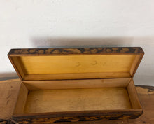 Load image into Gallery viewer, Antique Pyrography Wood Keepsake Jewellery Box – Folk Art Grape &amp; Vine Motif, Circa early 1900, Flemish Art movement
