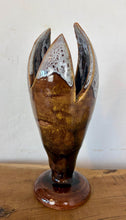 Load image into Gallery viewer, Vintage Mid-Century Modern Studio Pottery Tulip Lotus Bud Pedestal Vase - Earthen Brown &amp; White Glaze
