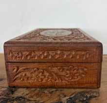 Load image into Gallery viewer, Vintage Hand-Carved Wooden Jewelry Box, Intricate Floral Trinket Box with Brass Leaf Inlay, Bohemian Keepsake Chest
