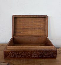 Load image into Gallery viewer, Vintage Hand-Carved Wooden Jewelry Box, Intricate Floral Trinket Box with Brass Leaf Inlay, Bohemian Keepsake Chest
