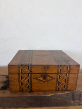Load image into Gallery viewer, stunning example of late 19th-century Victorian craftsmanship. This antique writing slope features exceptional, intricate geometric inlay work highly characteristic of the celebrated Tunbridge Ware style.
