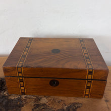 Load image into Gallery viewer, Antique Victorian Walnut Tunbridge Ware Inlaid Jewellery Box – 19th Century Geometric inlay Parquetry
