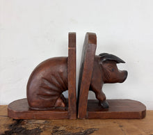 Load image into Gallery viewer, Large Charming Antique Early 1900’s, English Hand-Carved Wooden Pig Bookends, Country Farmhouse Decor, Kitchen Cookbooks, Folk Art
