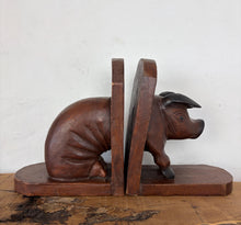 Load image into Gallery viewer, Large Charming Antique Early 1900’s, English Hand-Carved Wooden Pig Bookends, Country Farmhouse Decor, Kitchen Cookbooks, Folk Art

