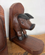 Load image into Gallery viewer, Large Charming Antique Early 1900’s, English Hand-Carved Wooden Pig Bookends, Country Farmhouse Decor, Kitchen Cookbooks, Folk Art
