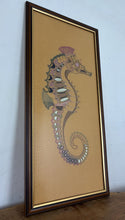 Load image into Gallery viewer, Large Vintage Embroidered Seahorse Wall Art – Bohemian Framed Mid-Century Kitsch, Coastal Art
