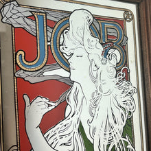 Load image into Gallery viewer, Stunning Mucha art nouveau Job cigarette mirro, featuring an elegant lady wearing a glamorous luscious green dress, background in an intricate vintage, rouge coloured pattern design and a stand-out bold font in enchanting tones, superb border
