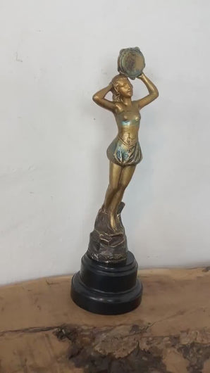 Lovely antique Art Deco flapper figure with tambourine, sculpture, pewter and gold coating, collectibles interior piece