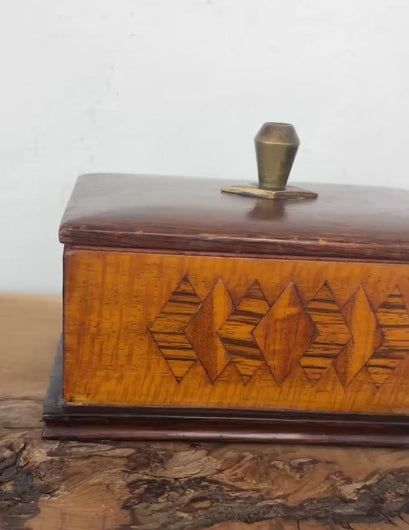 Vintage Art Deco Wooden Smoking & Games Card Box – Dual Compartment Storage with Geometric Inlay