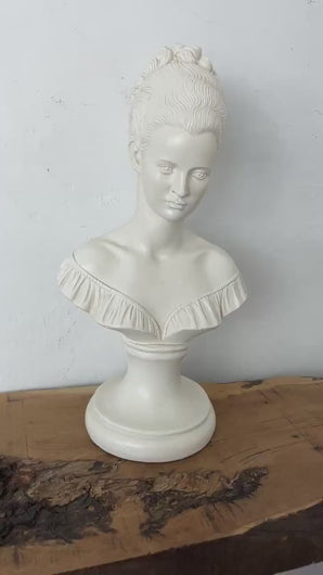 Antique Parisian wear bust, neoclassical statue, Manon Lescaut, plaster figure, French romantic art, period home ornaments, interior design