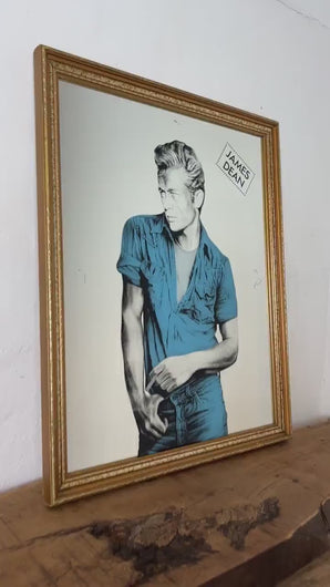 Vintage James Dean pop art mirror, movies star picture, film television icon, Hollywood American actor, decorative piece