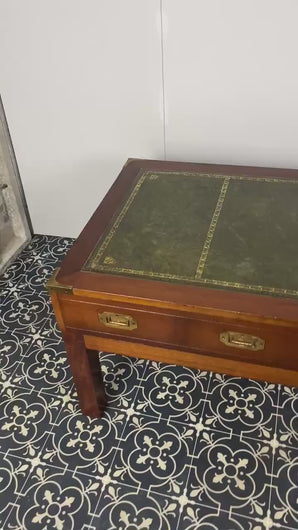 Mid-century military campaign chest coffee table, leather top, vintage inlaid furniture