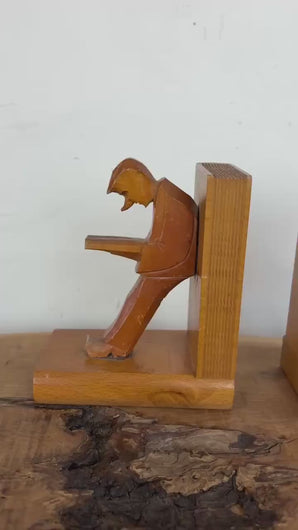 Vintage Mid-Century Cubist German Carved Wood Bookends – Art Deco Style