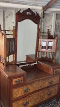 Load and play video in Gallery viewer, Elegant Late Victorian Burr Walnut Dressing Table with mirror,  antique wooden furniture, vanity cabinet, bedroom piece, makeup
