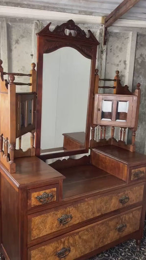 Elegant Late Victorian Burr Walnut Dressing Table with mirror,  antique wooden furniture, vanity cabinet, bedroom piece, makeup