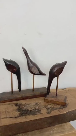 Vintage pair of metal and wooden birds, figurines and ornaments, nature sculptures, wildlife art, art sculptor, interior design, retro art