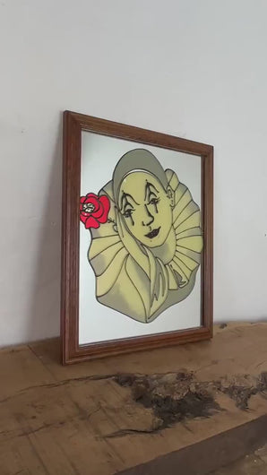 Vintage stained glass Pierrot and rose mirror, decorative picture, clown art, collectable
