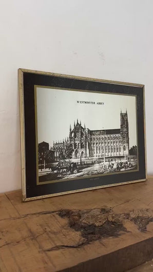 Amazing mid-century old London picture mirror, Westminster Abbey image, history picture, advertising, tourism collectable, wall art, vintage