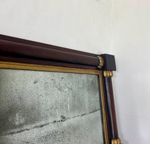 Load image into Gallery viewer, A mid-19th-century rosewood overmantle mirror in landscape form, the frame has classical columns to the sides, and top with gilt collars, and the gilt frame edging has detailed ball feet to create a standout period design.
