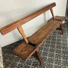 Load image into Gallery viewer, A beautiful Victorian period, pitch pine long, wide and comfortable railway bench, dating from the 2nd half of the 19th century with stunning patina. The bench features an ingenious swing-back design, so it can be sat on from both sides.
