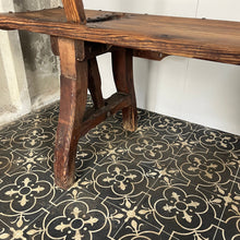 Load image into Gallery viewer, A beautiful Victorian period, pitch pine long, wide and comfortable railway bench, dating from the 2nd half of the 19th century with stunning patina. The bench features an ingenious swing-back design, so it can be sat on from both sides.
