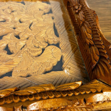 Load image into Gallery viewer, Beautiful mid-century heavily carved oak decorative tray with floral design, including flowers and a large rose. It has a craftsmanship finish with carved scrolls and an attractive finish around the borders on the edging.
